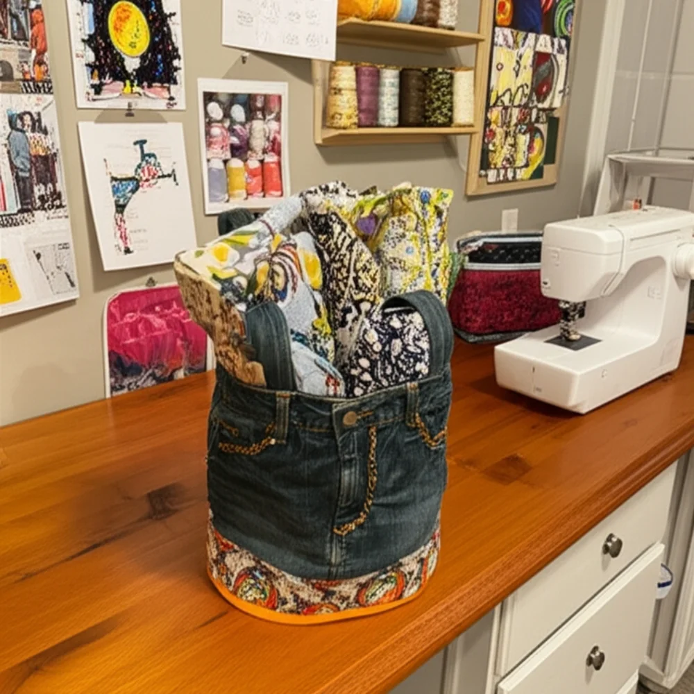Upcycled Hand Craftef Greatful Dead Denim Blue Jeans Storage Basket Tote